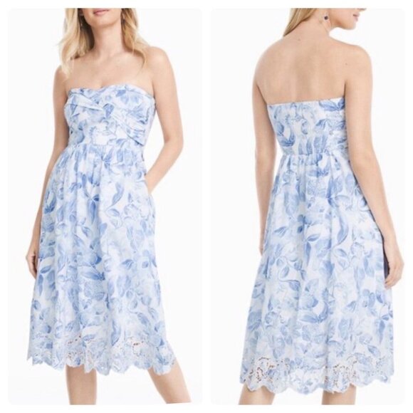 WHBM White Blue Floral Strapless Eyelet Scallop Hem Midi Dress Womens sz 8 - Picture 1 of 5